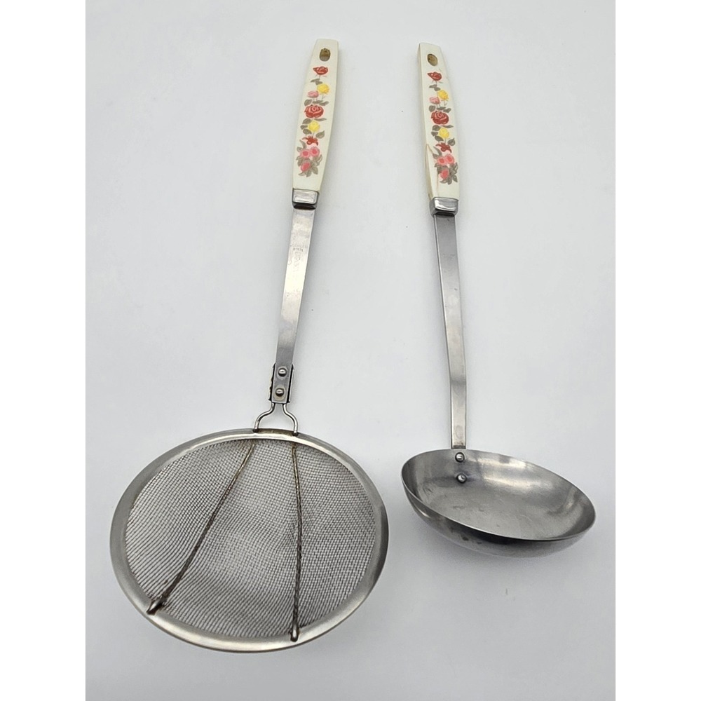 Vintage Japan‎ Stainless Floral Handle Kitchen Utensils Set Ladle Strainer